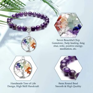 Top Plaza Amethyst Healing Crystals Beaded Bracelet 7 Chakra Yoga Meditation Stone Bracelets Life Tree Stretch Bracelet for Women