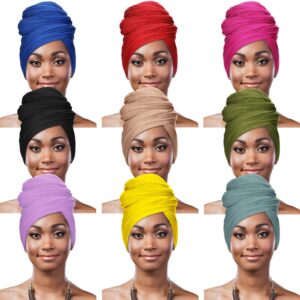 9 pieces stretch head wraps in 9 colors scarf women african turban long hair scarf soft hair band for women tie head scarves