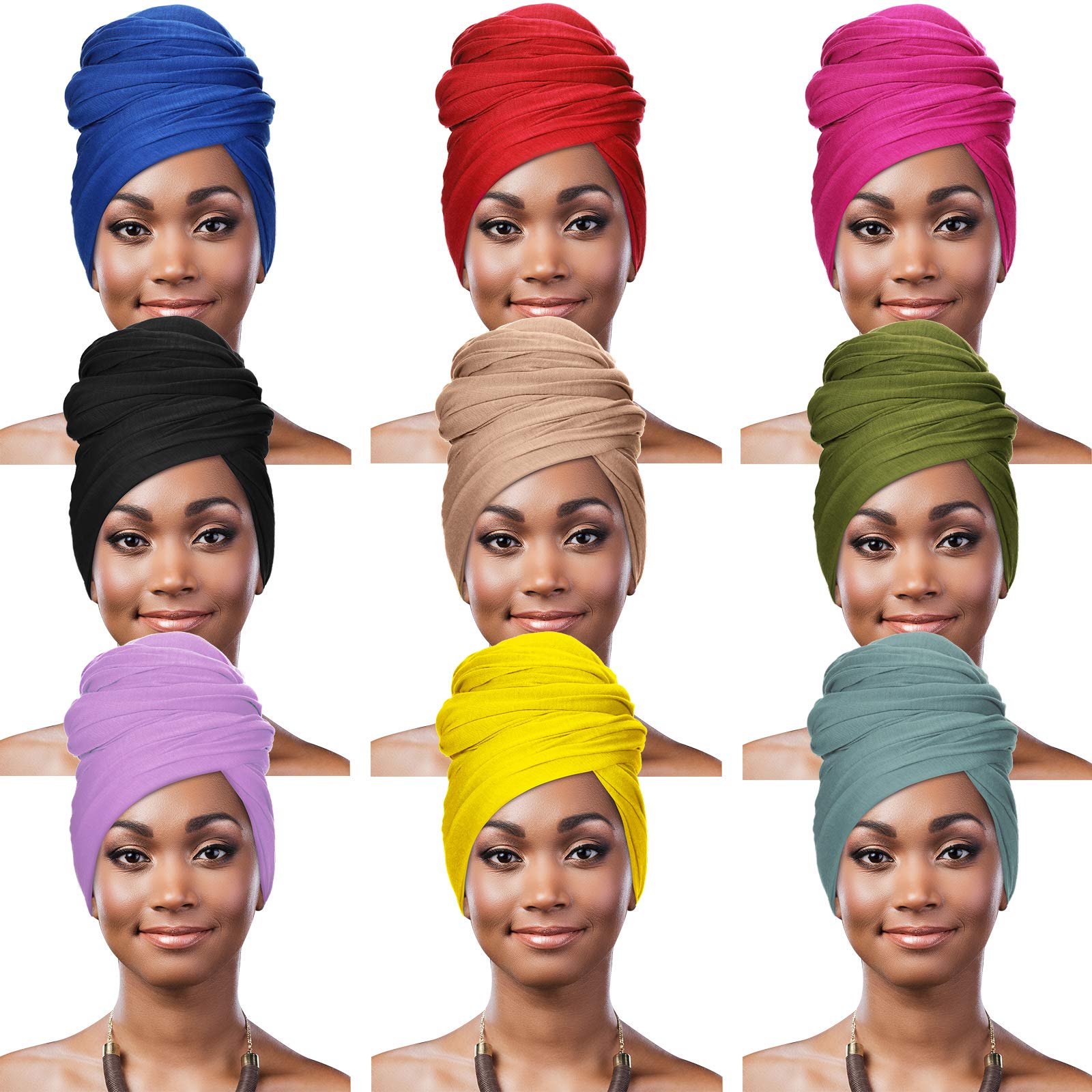 9 Pieces Stretch Head Wraps in 9 Colors Scarf Women African Turban Long Hair Scarf Soft Hair Band for Women Tie Head Scarves