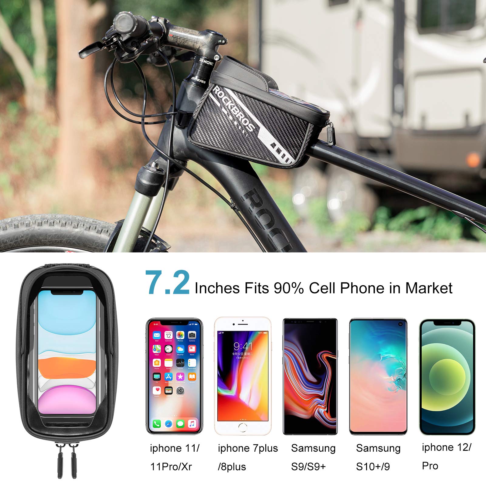 ROCKBROS Bike Phone Front Frame Bag Top Tube Bike Bag Bicycle Handlebar Bag Cell Phone Holder Mount Bag Cycling Accessories Storage Pouch for Phone 11 12 Pro XS Max XR Below 7.2”