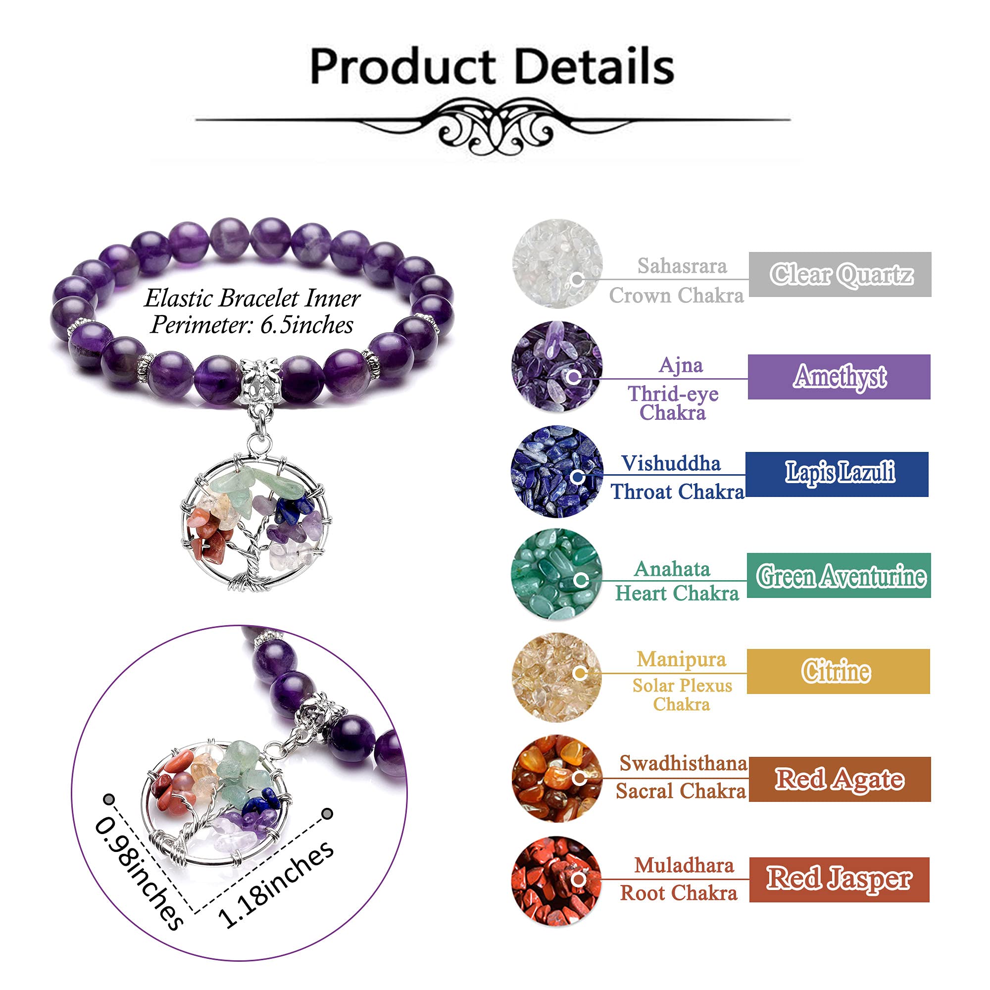 Top Plaza Amethyst Healing Crystals Beaded Bracelet 7 Chakra Yoga Meditation Stone Bracelets Life Tree Stretch Bracelet for Women