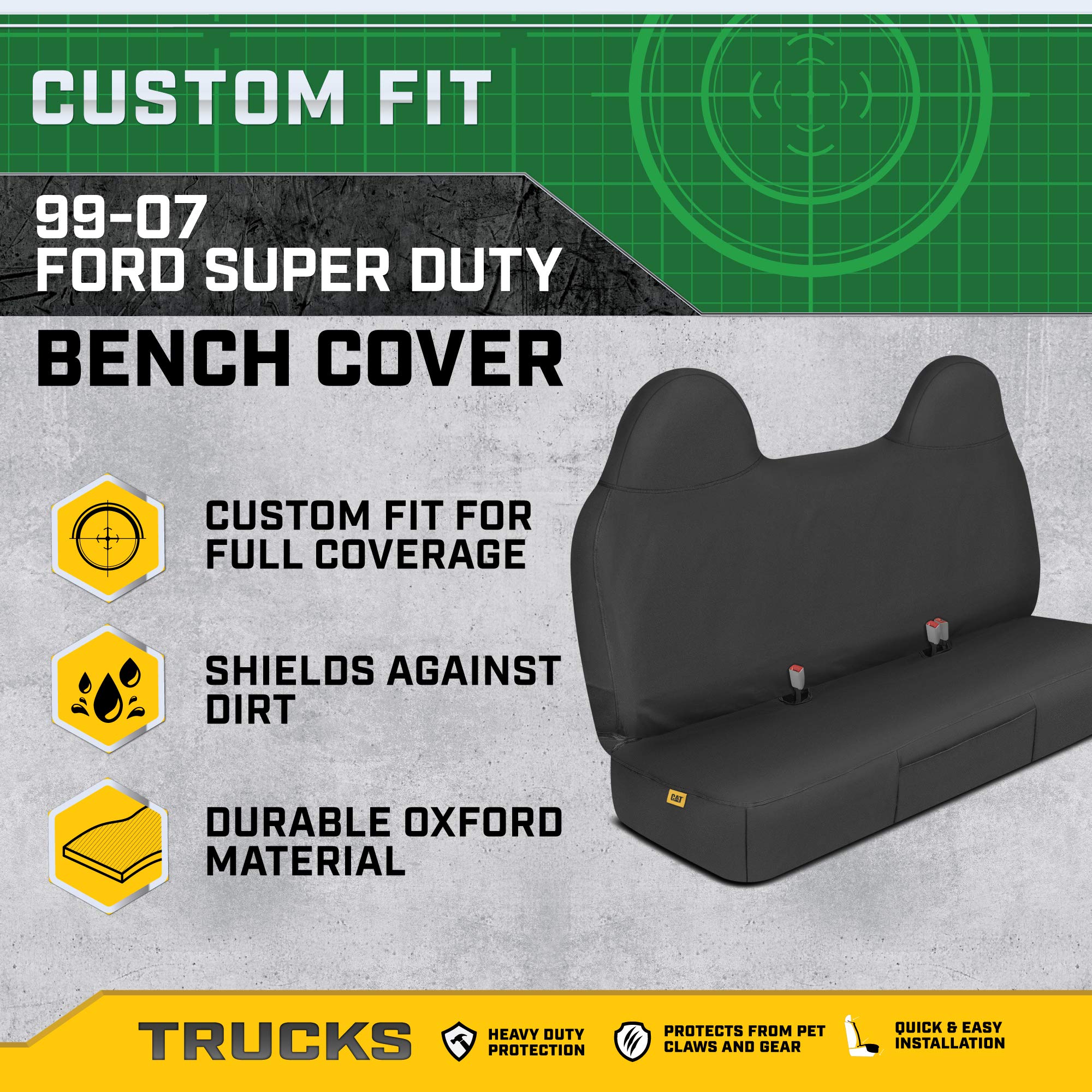 Caterpillar Custom Fit Front Bench Seat Cover with Utility Pockets for Ford F250 / F350 / F450 / F550 (1999-2007) - Durable Black Oxford Super Duty Interior Truck Seat Cover