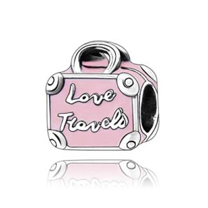 pink suitcase love travel 925 sterling silver charm bead for pandora & similar charm bracelets or necklaces