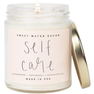 Sweet Water Decor Self Care Soy Candle - Patchouli Eucalyptus & Lavender Candles for Home - 100% Cotton Wick & Spa Scented Soy Wax Candles with 40 Hour Burn Time - 9oz Clear Jar - Made in the USA