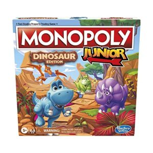 hasbro gaming monopoly junior dinosaur edition board game, 2-4 players, with dino-themed toy tokens, ages 5+ (amazon exclusive)