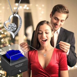 Forever Blue Rose Gift Box with Necklace - Real Eternal Rose with 925 Sterling Silver Women Necklace Inside,Enchanted Real Rose Flower for Valentine's Day Anniversary Wedding Romantic Gifts for Her.