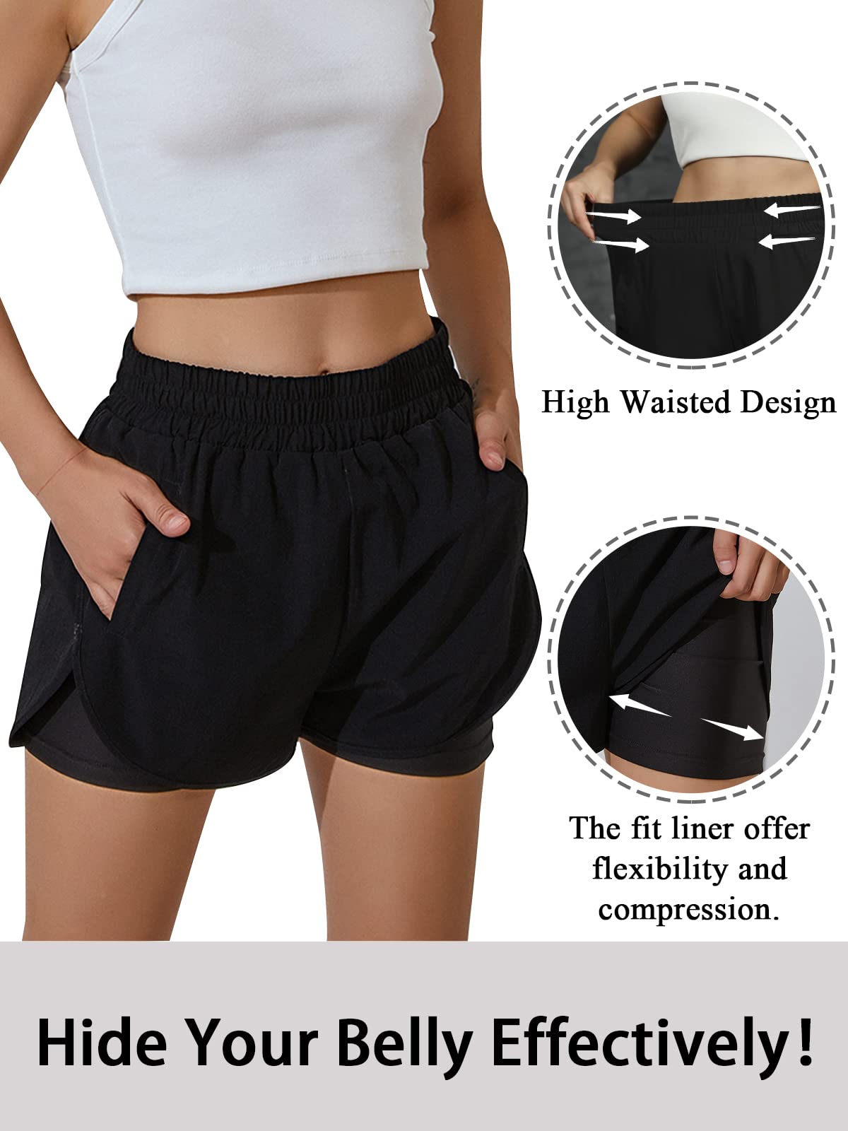 BMJL Women's Running Shorts Elastic Waistband High Waisted Short Pocket Sporty Workout Short Gym Athletic Shorts Pant (M, Black)