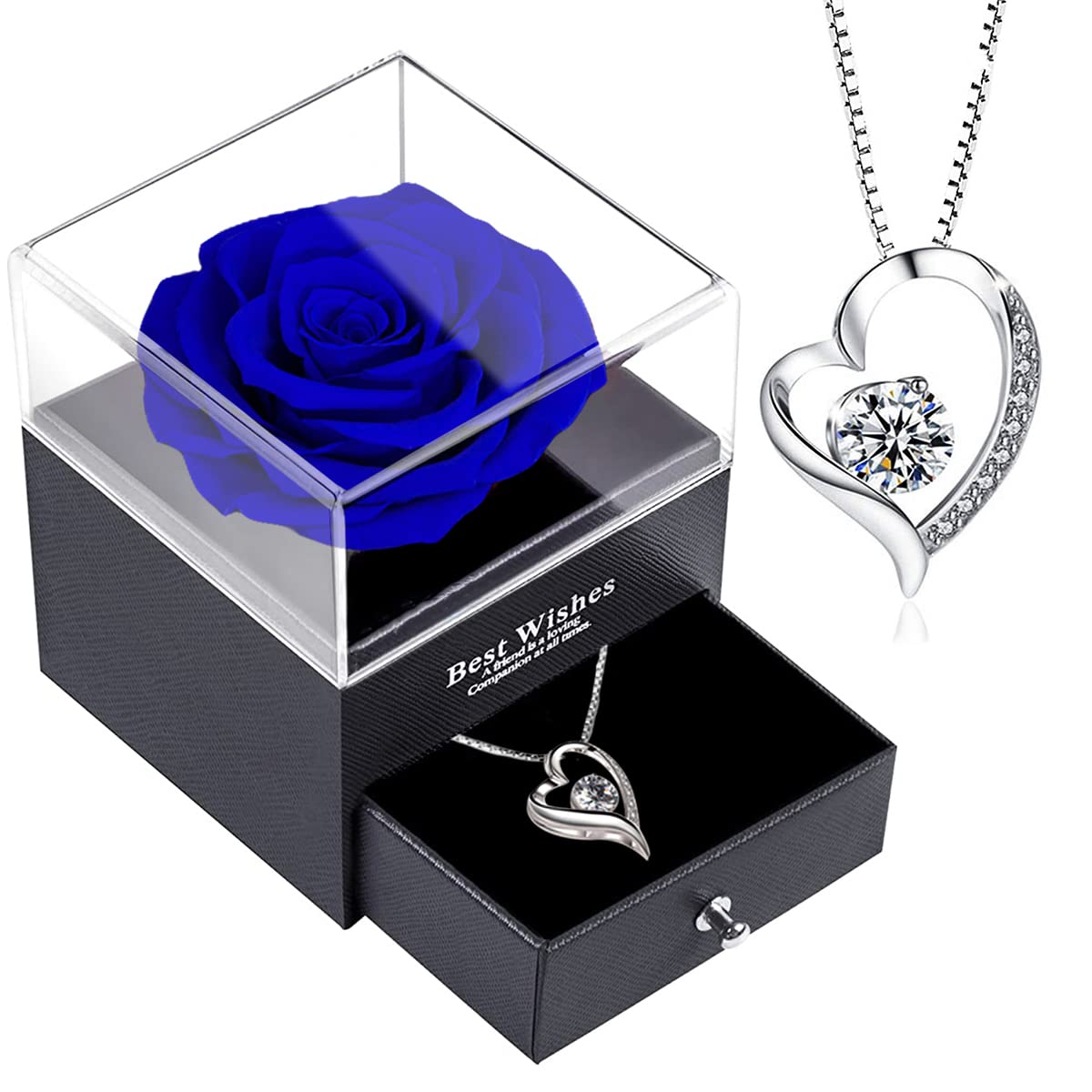 Forever Blue Rose Gift Box with Necklace - Real Eternal Rose with 925 Sterling Silver Women Necklace Inside,Enchanted Real Rose Flower for Valentine's Day Anniversary Wedding Romantic Gifts for Her.