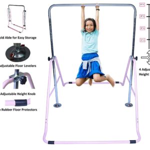 Kids Home Gymnastics Bar Jungle Gym 3 in 1 Set Deluxe Swing Seat, Trapeze Rings, Horizontal Kip Bar Height Adjustable Monkey Bar, Expandable Junior Training Gymnastic Balance Bar, Swing Set (Pink)