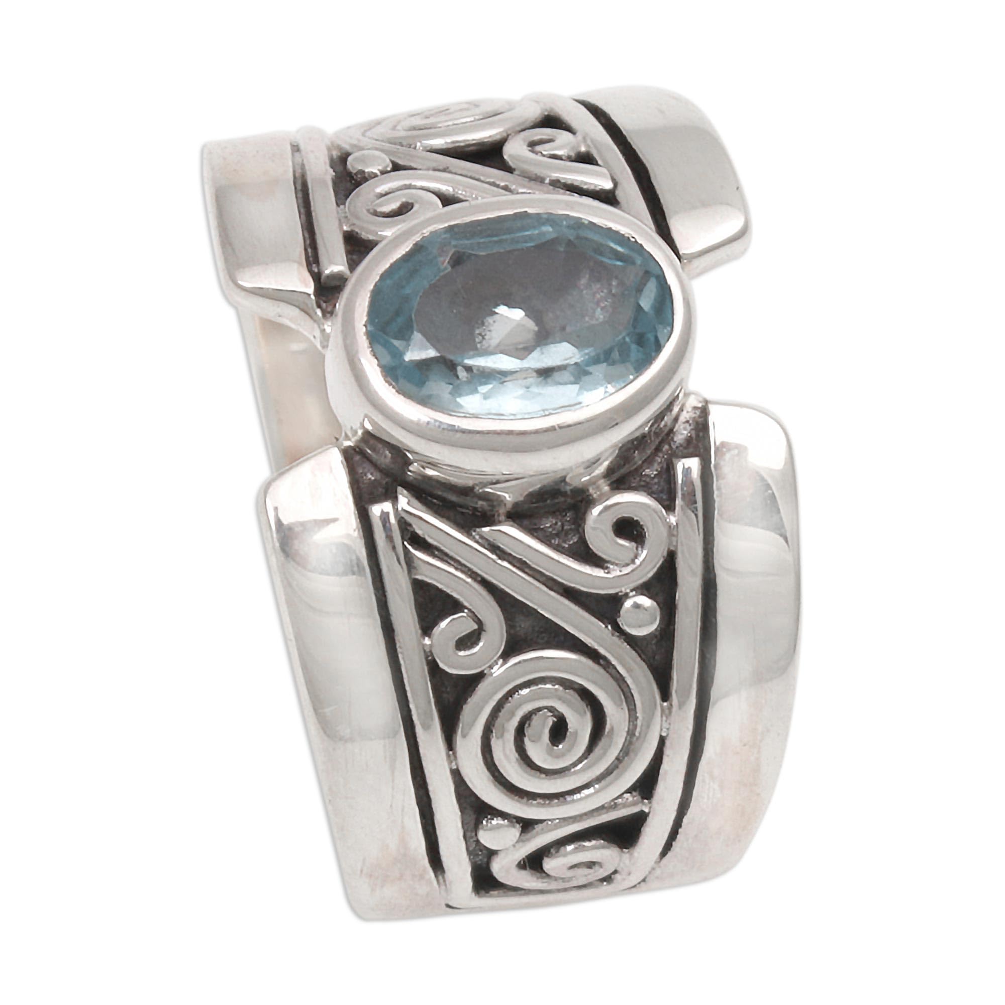 NOVICA Artisan Handmade Blue Topaz Single Stone Ring Artisan Crafted Sterling Silver Wide with Indonesia Serenity Birthstone [crownbezel 0.4 in L x 0.3 in W x 0.2 in H Band Width 7 mm W] ' Blue