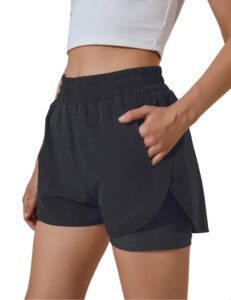 bmjl women's running shorts elastic waistband high waisted short pocket sporty workout short gym athletic shorts pant (m, black)