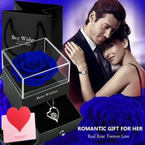 Forever Blue Rose Gift Box with Necklace - Real Eternal Rose with 925 Sterling Silver Women Necklace Inside,Enchanted Real Rose Flower for Valentine's Day Anniversary Wedding Romantic Gifts for Her.