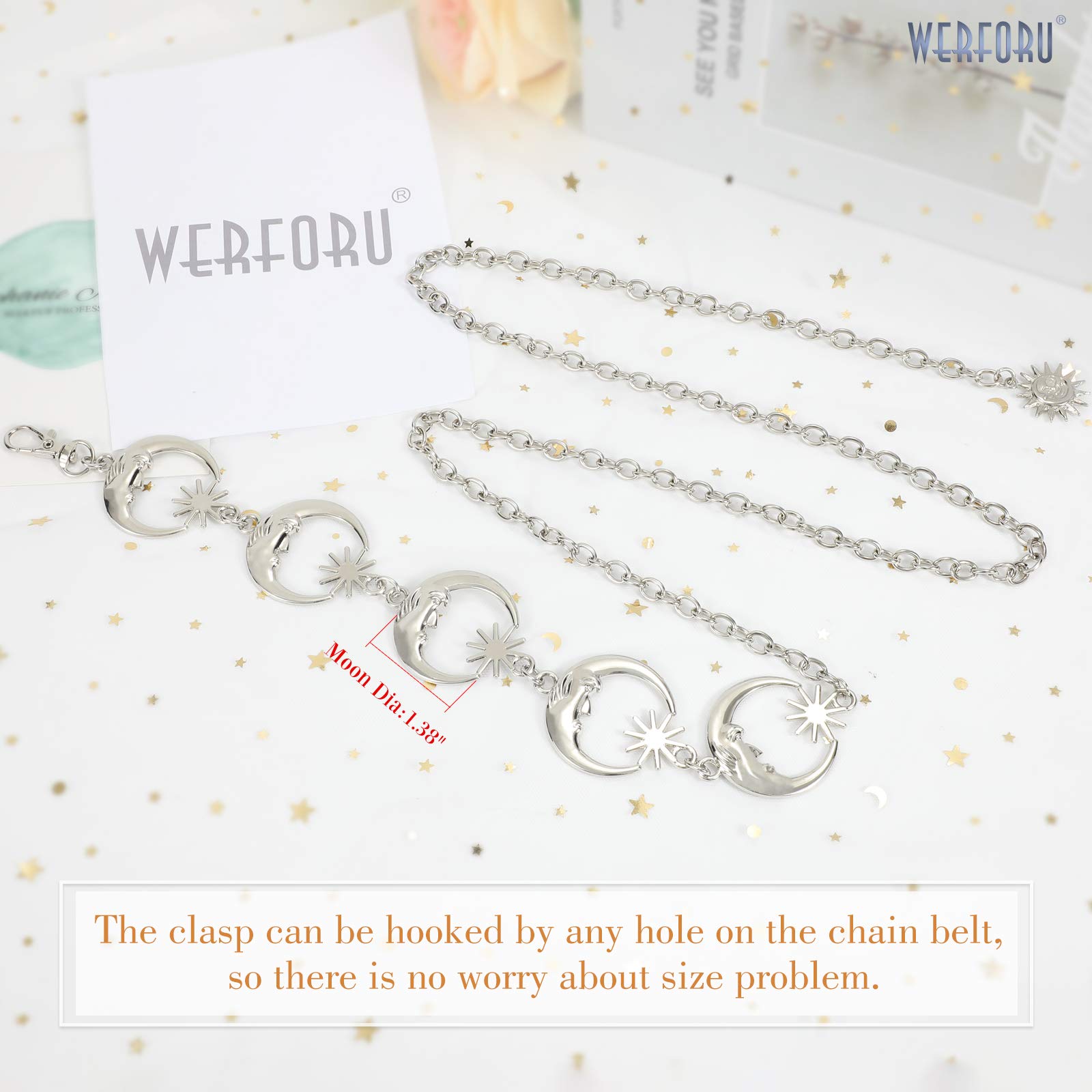 WERFORU Women's Silver Metal Link Moon Star Body Chain Belt Ladies Waist Chain Belt for Jeans Dress,Silver, Suit for waist size below 46 Inches