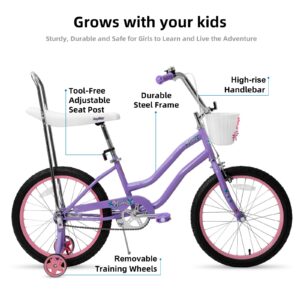 JOYSTAR 20 Inch Girls Bike with Training Wheels, Banana Seat Bike for Girls Ages 7-12 Years Old, Kids' Girls Bicycle with Front Handbrake and Coaster Brakes, Kickstand Included Purple