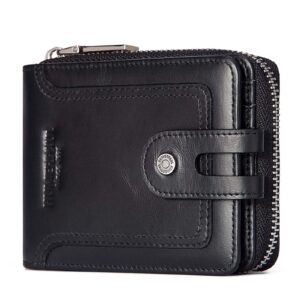 gzcz mens wallet with zipper rfid blocking genuine leather bifold purse with id window and credit card holder (black)