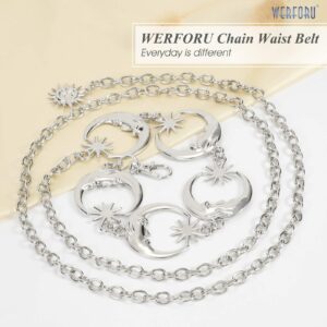 WERFORU Women's Silver Metal Link Moon Star Body Chain Belt Ladies Waist Chain Belt for Jeans Dress,Silver, Suit for waist size below 46 Inches