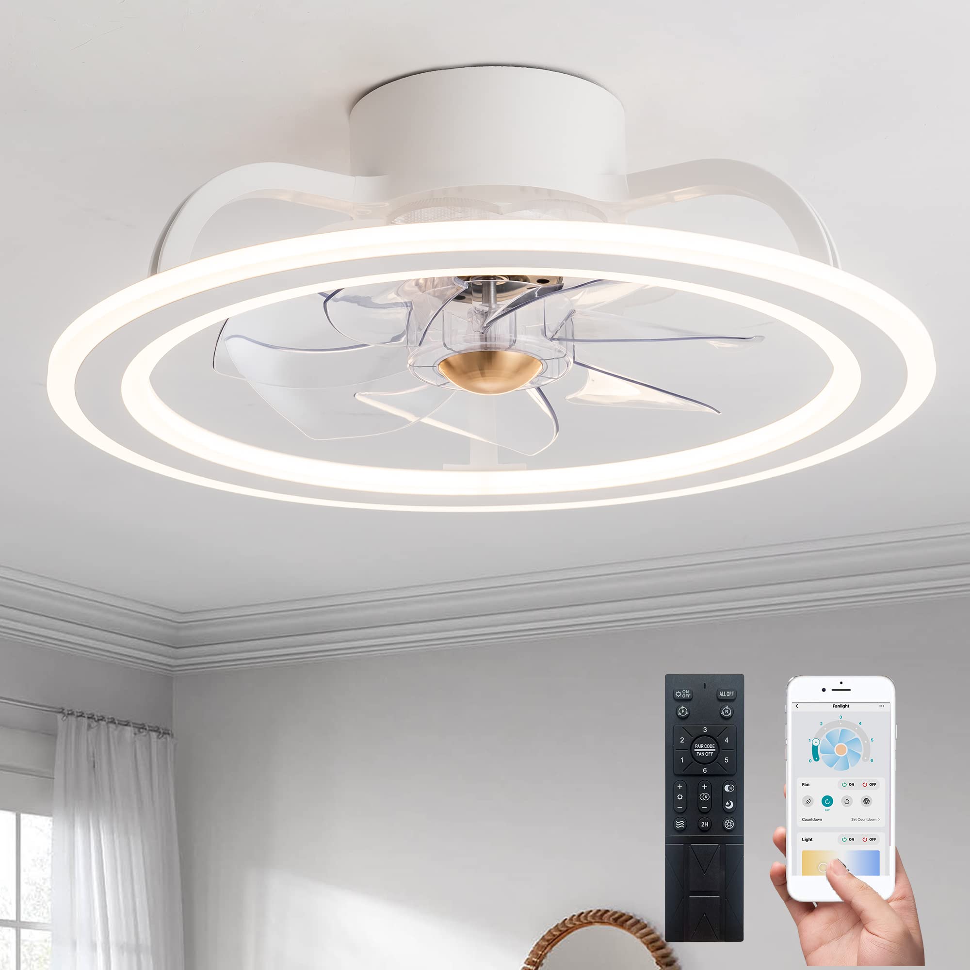 EKIZNSN 20'' Bladeless Modern Indoor Flush Mount Ceiling Fan with Lights and Remote, APP Control White Low Profile Ceiling Fans for Bedroom/Small Room