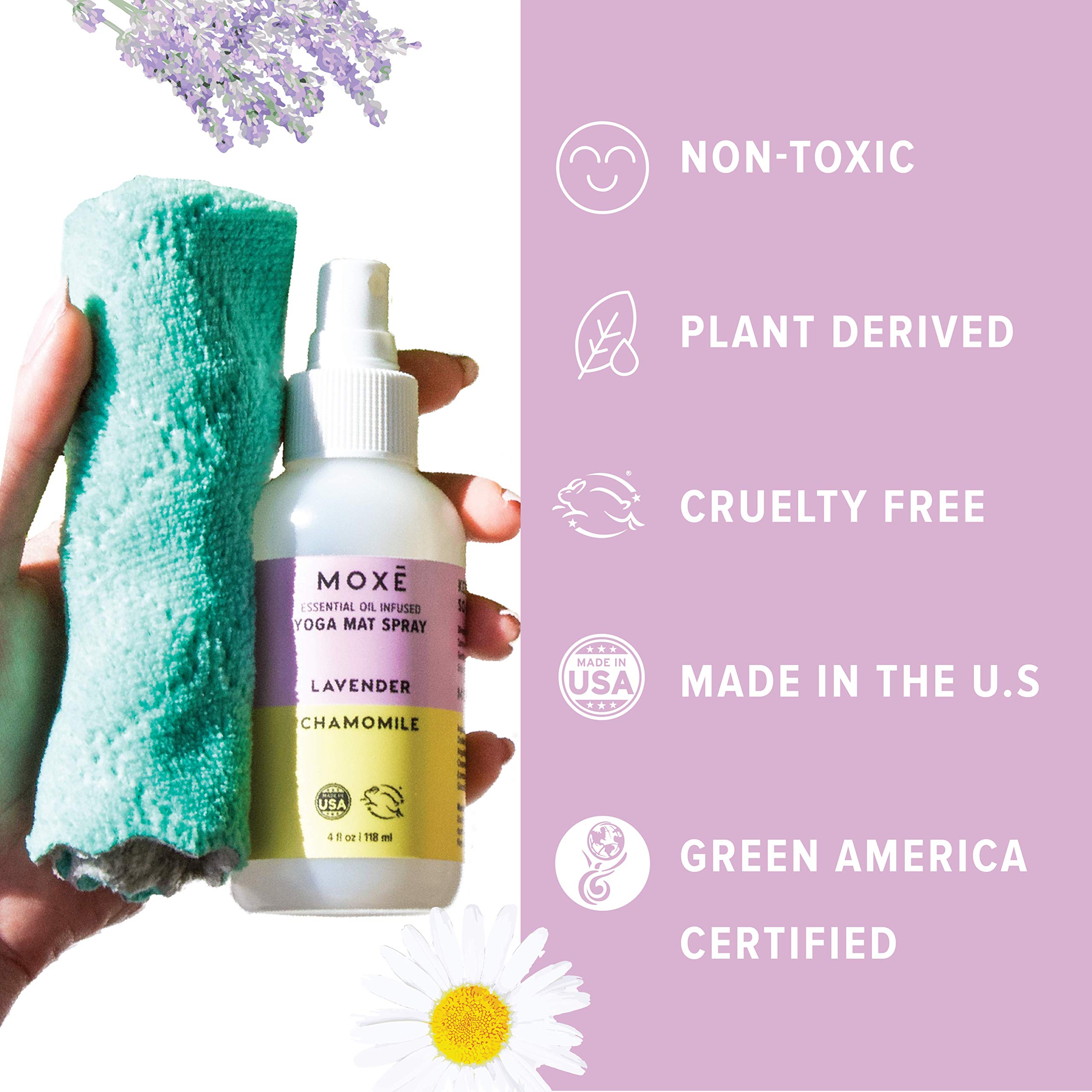 MOXE Yoga Mat Cleaner Lavender & Chamomile Essential Oils, 4 ounces, Safe for All Mats & Exercise Equipment, Odor & Sweat Protection, Made in USA