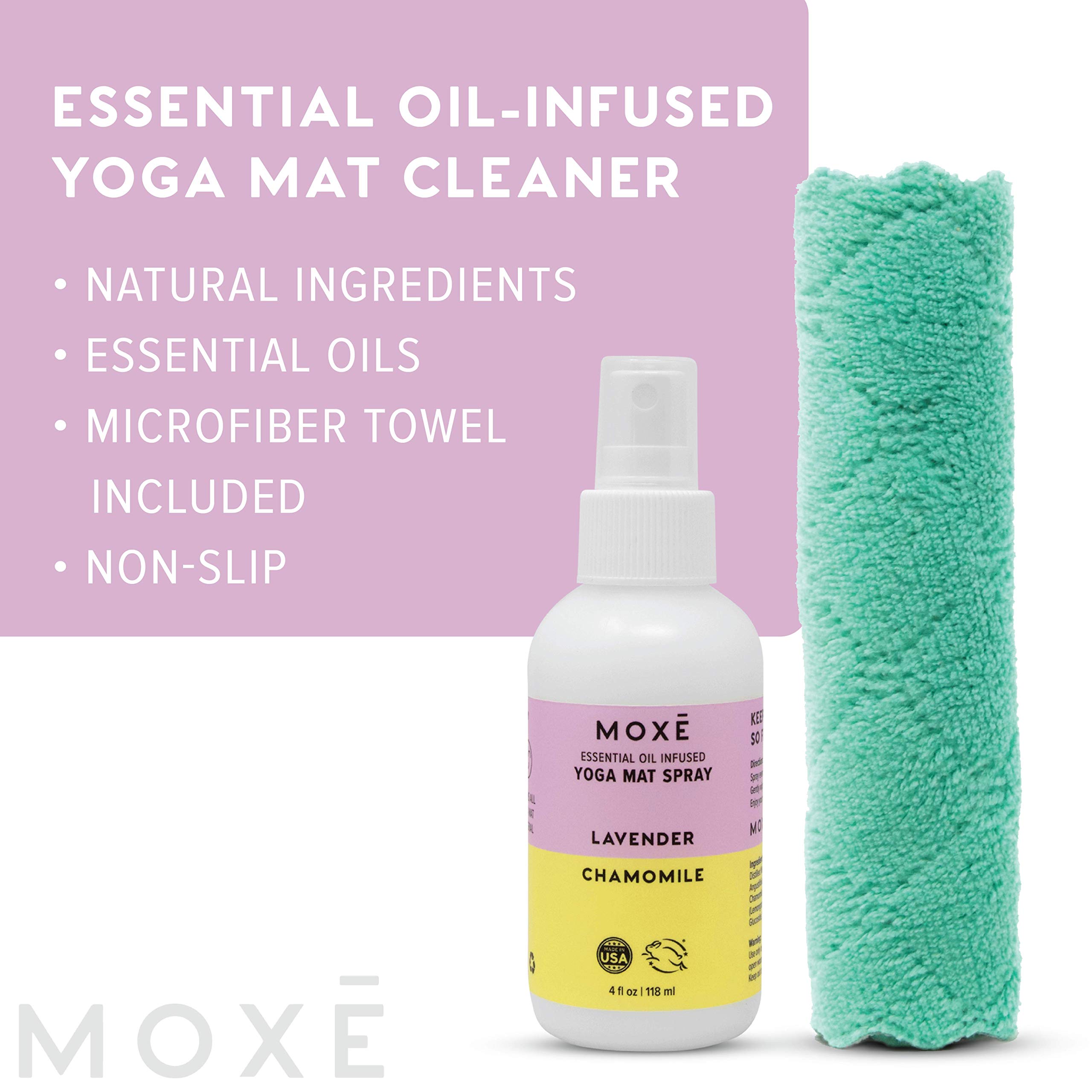 MOXE Yoga Mat Cleaner Lavender & Chamomile Essential Oils, 4 ounces, Safe for All Mats & Exercise Equipment, Odor & Sweat Protection, Made in USA