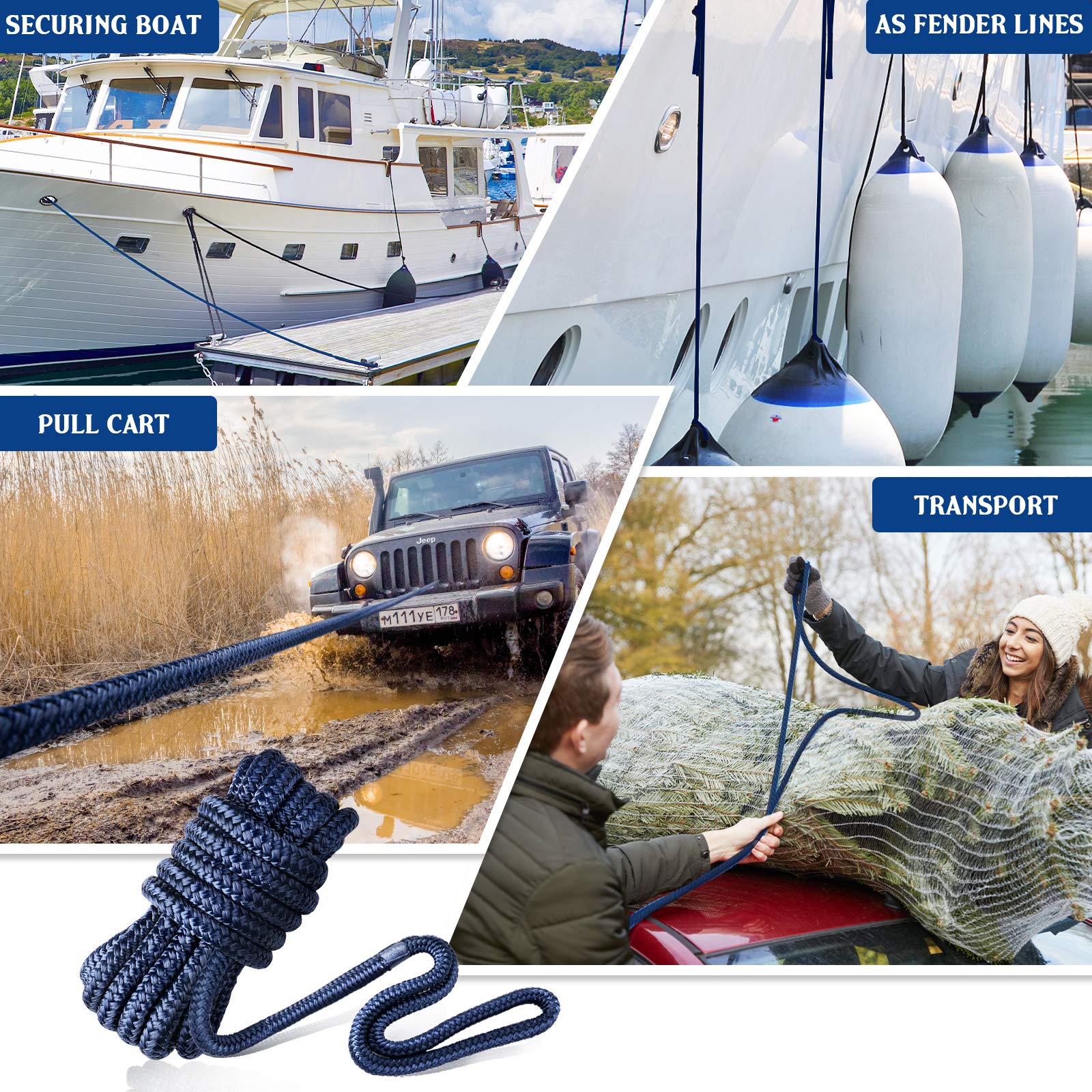 GREENEVER Dock Lines&Ropes Boat Accessories-3PC 1/2inX15 Ropes for Boats Double-Braided Mooring Marine Ropes with 12in Eye Loop for Docking,6500 lbs Breaking Strength Boating Gifts for Men(Navy Blue)