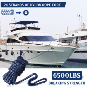 GREENEVER Dock Lines&Ropes Boat Accessories-3PC 1/2inX15 Ropes for Boats Double-Braided Mooring Marine Ropes with 12in Eye Loop for Docking,6500 lbs Breaking Strength Boating Gifts for Men(Navy Blue)