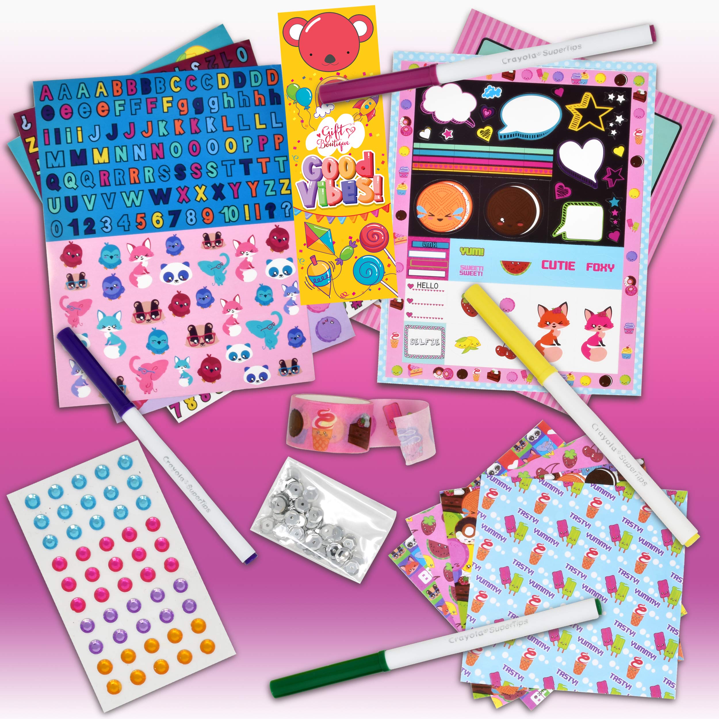 Crayola Scrapbook Activity Craft Kit, Mess Free Journal Set for Kids, Drawing Art Supplies Included Scrapbook, Pattern Sheets, Cut Outs, Gem Stickers, Sequins, Crayola Washable Markers, Tape and