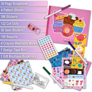 Crayola Scrapbook Activity Craft Kit, Mess Free Journal Set for Kids, Drawing Art Supplies Included Scrapbook, Pattern Sheets, Cut Outs, Gem Stickers, Sequins, Crayola Washable Markers, Tape and