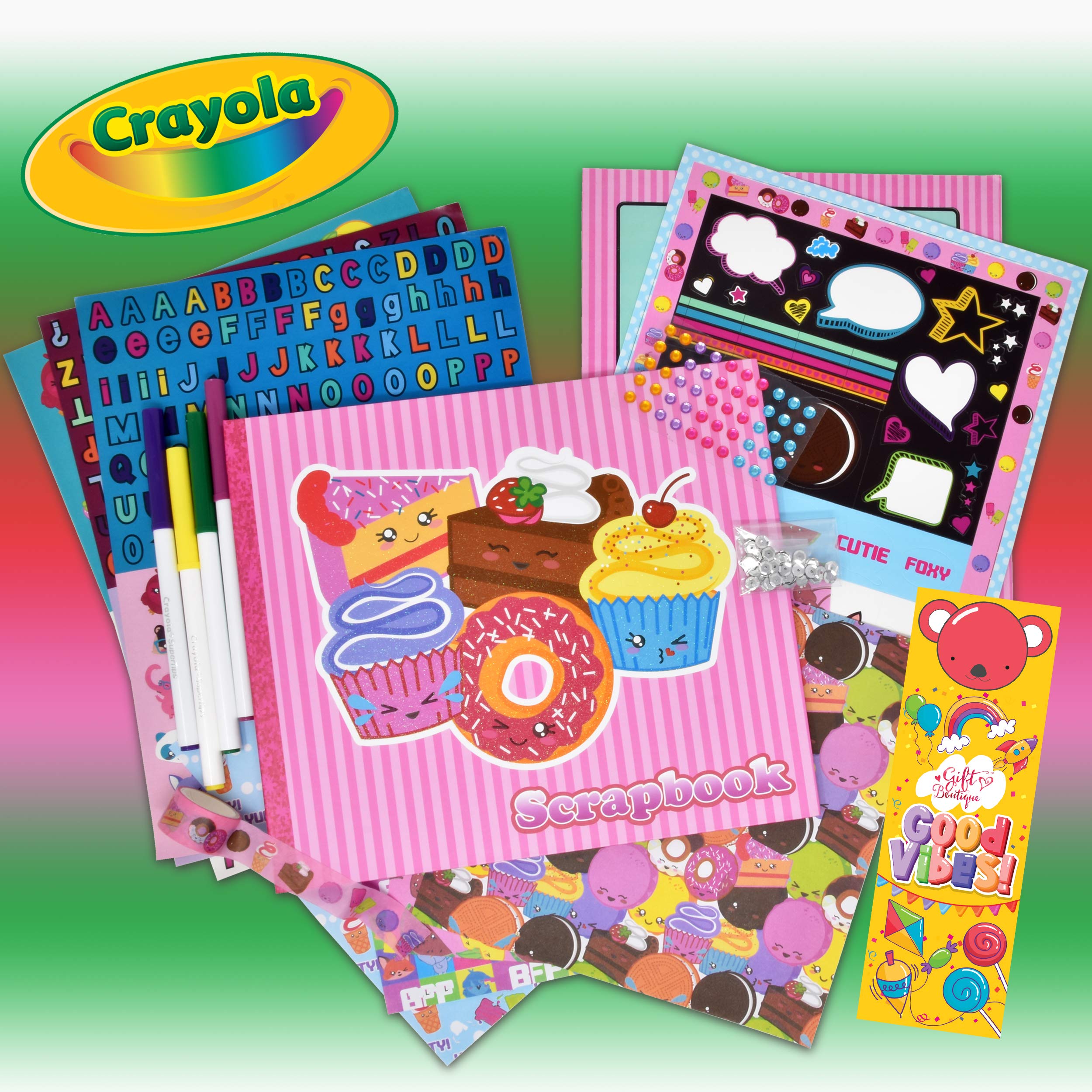 Crayola Scrapbook Activity Craft Kit, Mess Free Journal Set for Kids, Drawing Art Supplies Included Scrapbook, Pattern Sheets, Cut Outs, Gem Stickers, Sequins, Crayola Washable Markers, Tape and