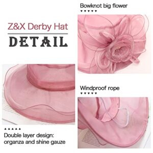 Z and X Organza Church Fascinator Kentucky Derby Hats for Women Flower Wedding Tea Party Hat Wide Brim Sun Hat Pink,purple,One Size