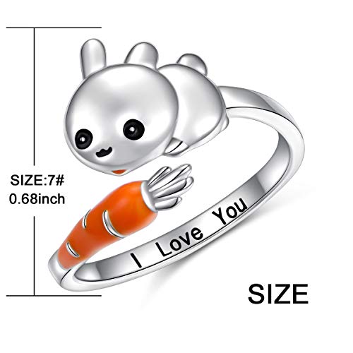 YinShan Easter Day Jewelry Bunny & Carrot Ring Sterling Silver Adjustable Size Wrap Open Ring Engraved I Love You for Rabbit Lovers Birthday Gifts