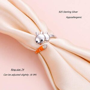 YinShan Easter Day Jewelry Bunny & Carrot Ring Sterling Silver Adjustable Size Wrap Open Ring Engraved I Love You for Rabbit Lovers Birthday Gifts