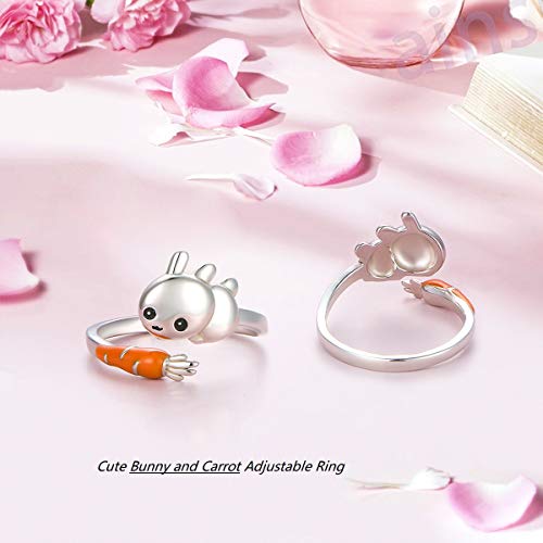 YinShan Easter Day Jewelry Bunny & Carrot Ring Sterling Silver Adjustable Size Wrap Open Ring Engraved I Love You for Rabbit Lovers Birthday Gifts