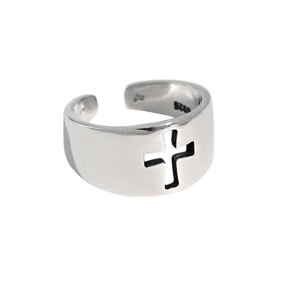 Vintage Cross Sterling Silver Open Statement Ring for Women Girls Men Adjustable Faith Tail Knuckle Wrap Rings Nickel Free Christmas Easter Memorial Jewelry Gift for Prayer Friends