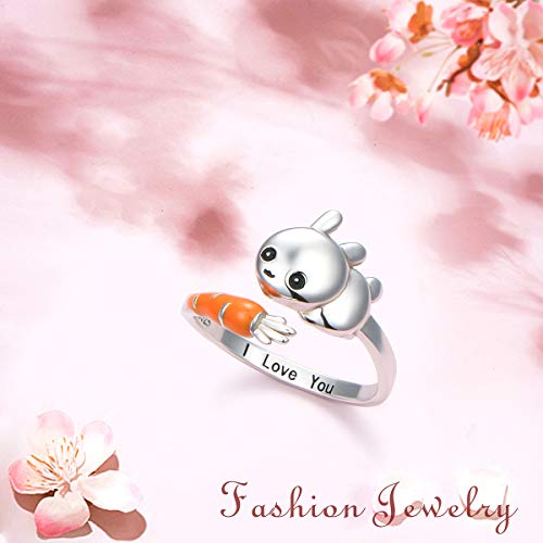 YinShan Easter Day Jewelry Bunny & Carrot Ring Sterling Silver Adjustable Size Wrap Open Ring Engraved I Love You for Rabbit Lovers Birthday Gifts