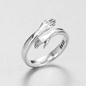 4 Pieces Hugging Hands Rings Gold Silver Hands Embrace Open Rings Adjustable Couple Hug Rings Romantic Lover Wedding Ring Jewelry Gifts-Silver