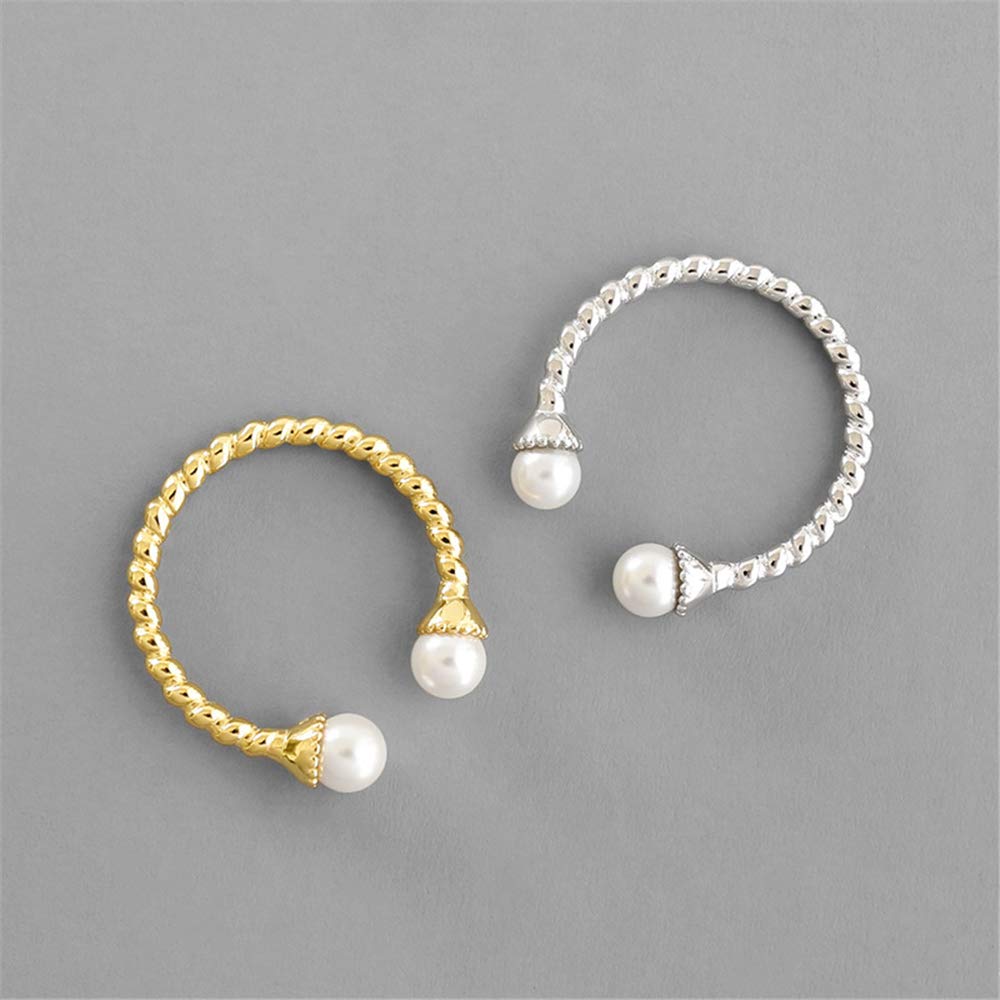 N+A Dainty Shell Pearl Sterling Silver Ring for Women Girls Statement Expandable Open Rings Minimalist Imitation Pearls Twisted Finger Fashion Cute Jewelry for Girlfriend (Gold)