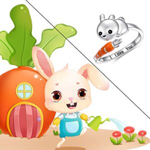 YinShan Easter Day Jewelry Bunny & Carrot Ring Sterling Silver Adjustable Size Wrap Open Ring Engraved I Love You for Rabbit Lovers Birthday Gifts