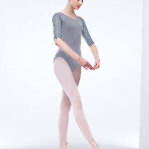 Cuulrite Ballet Dance Leotards for Women, Yoga Gymnastic Leotard Stretch Mesh Splice 34 Sleeve,Light Grey,Small