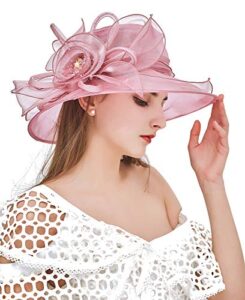 z and x organza church fascinator kentucky derby hats for women flower wedding tea party hat wide brim sun hat pink,purple,one size