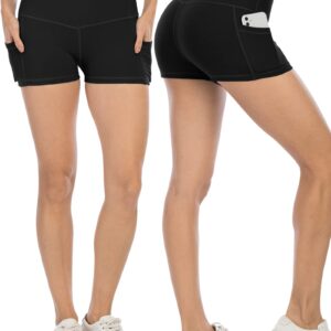 CHRLEISURE Spandex Yoga Biker Shorts with Pockets for Women, 3'' / 5'' / 8'' Workout Booty Shorts (3“ Black, S)