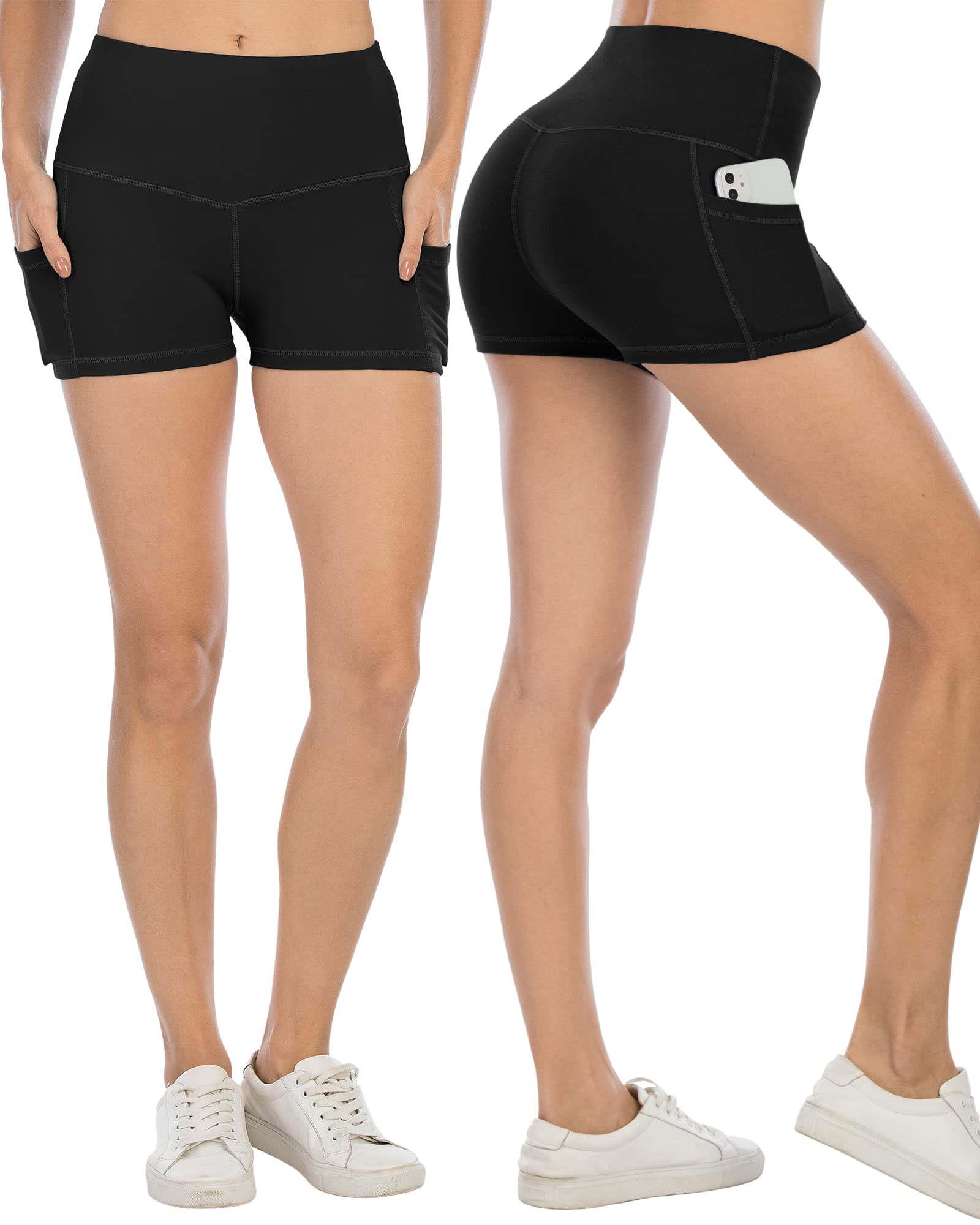 CHRLEISURE Spandex Yoga Biker Shorts with Pockets for Women, 3'' / 5'' / 8'' Workout Booty Shorts (3“ Black, S)