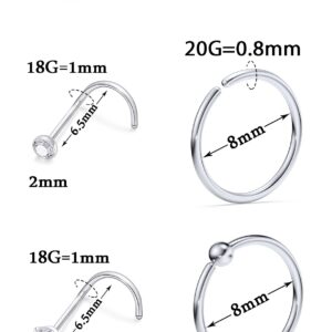 Boernfnso 18G Nose Rings for Women Surgical Steel Nose Rings Hoops Nose Piercing Jewelry,Screw Nose Rings, Corkscrew Nose Ring Studs,Opal Nose Ring CZ Screw Nose Studs，Cute Nose Rings,Silver