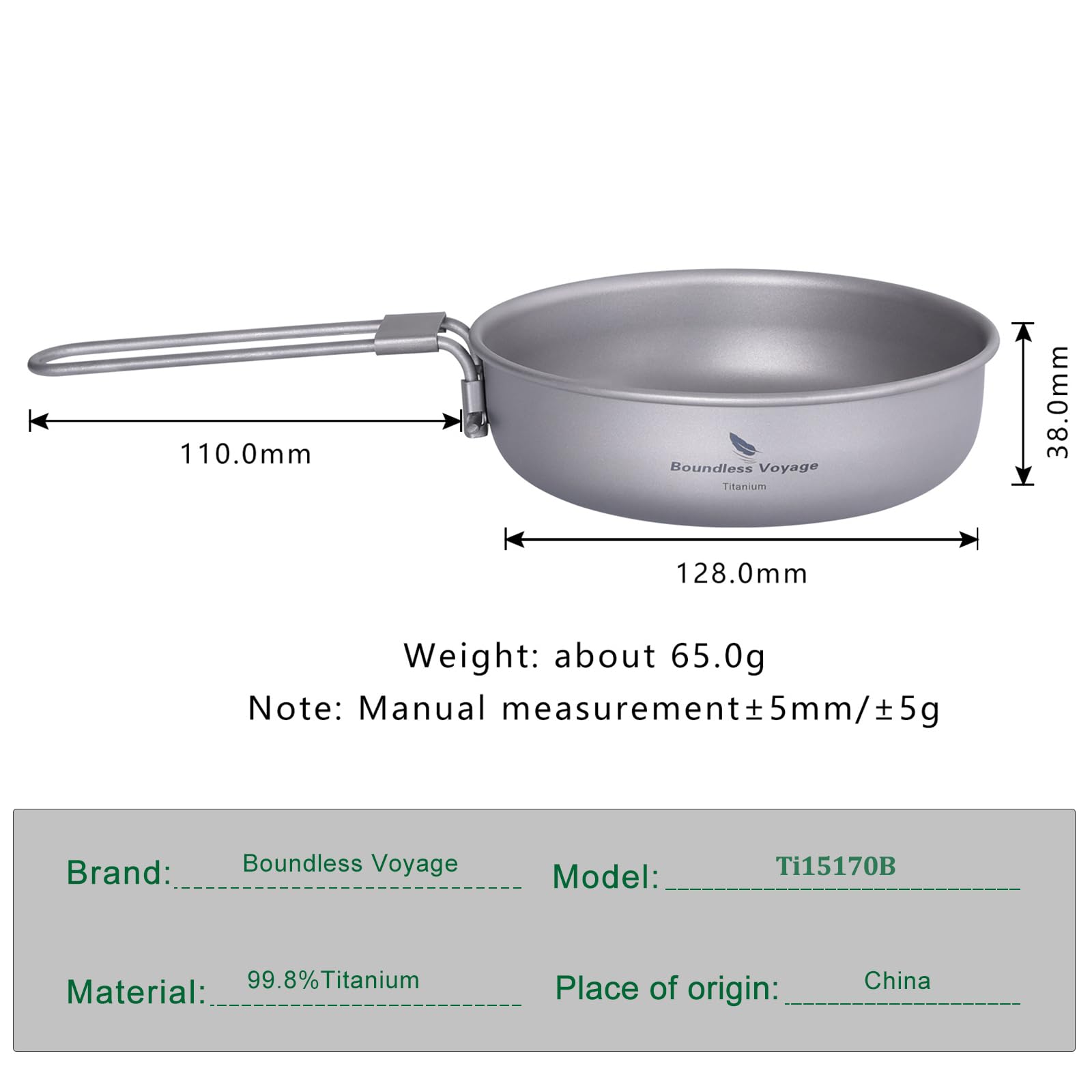 Boundless Voyage Ultra-light Titanium Frying Pan with Folding Handle Outdoor Camping Skillet Griddle Tableware Titanium Pan Ti15170B