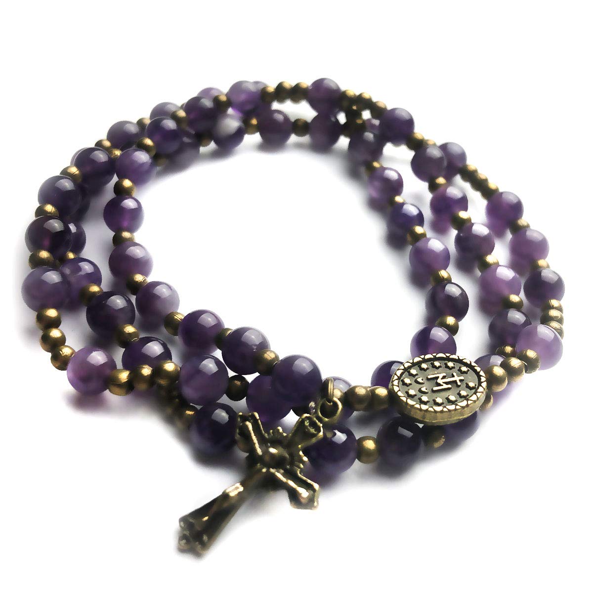 Amethyst Stone Catholic Rosary Bracelet for Women with Virgin Mary Our Lady of Graces Medal Charm - Catholic Gifts