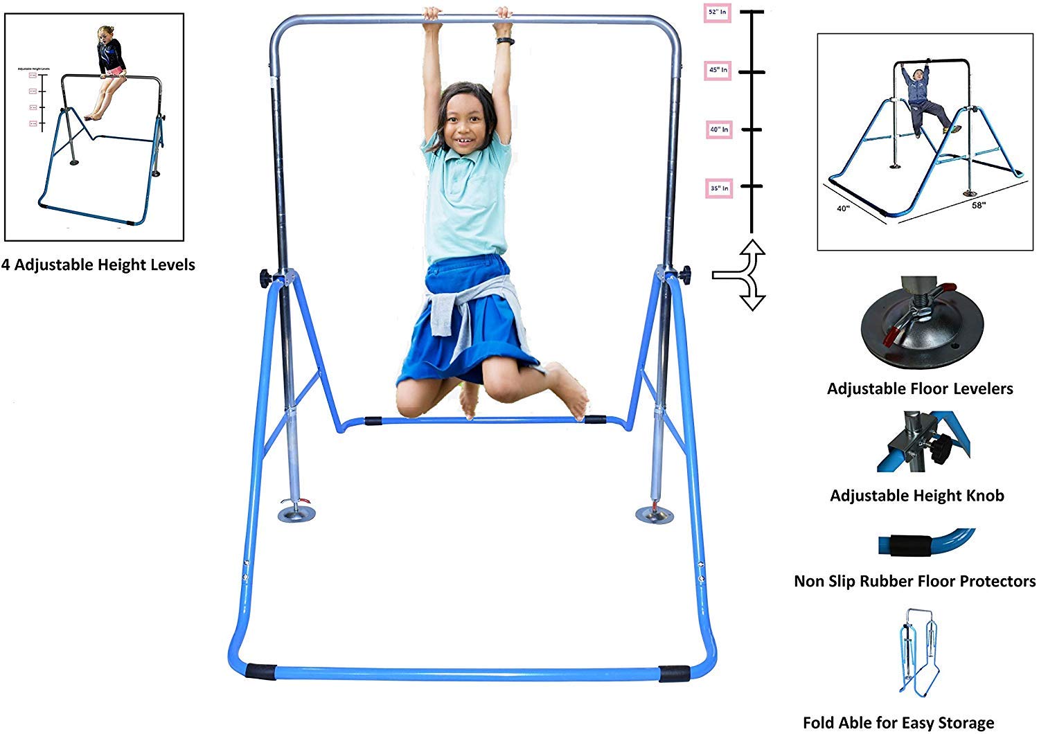 Kids Home Gymnastics Bar Jungle Gym 3 in 1 Set Deluxe Swing Seat, Trapeze Rings, Horizontal Kip Bar Height Adjustable Monkey Bar, Expandable Junior Training Gymnastic Balance Bar, Swing Set (Blue)