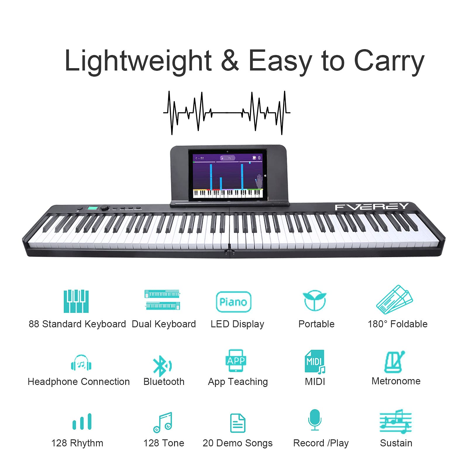 FVEREY Folding Piano Keyboard, 88 Key Semi Weighted Keyboards Electric Piano, Full Size Keyboard Portable Digital Piano with Sustain Pedal, Handbag, Bluetooth, USB MIDI for Beginner, Adult