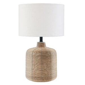 Henn&Hart 20.5" Tall Petite/Rattan Table Lamp with Fabric Shade in Natural Rattan/Brass/White, Lamp, Desk Lamp for Home or Office