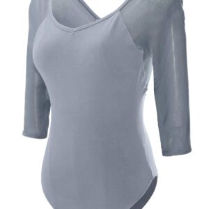 Cuulrite Ballet Dance Leotards for Women, Yoga Gymnastic Leotard Stretch Mesh Splice 34 Sleeve,Light Grey,Small