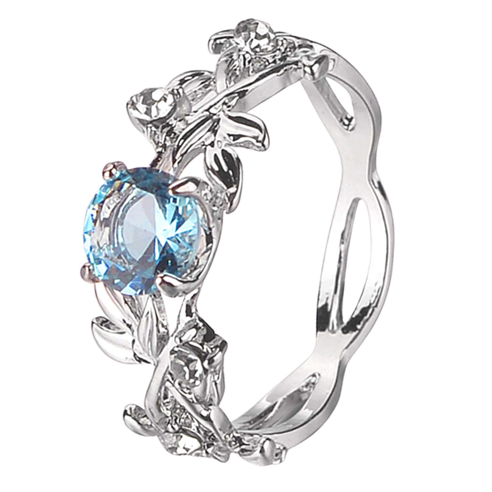 Rubyyouhe8 Women Creative Leaves Design Alloy Hollow Out Rhinestone Ring Charm JewelryRomantic Gift for Her Women Girls on Valentine's Day, Mother's Day, Birthdays -Sea Blue US 10