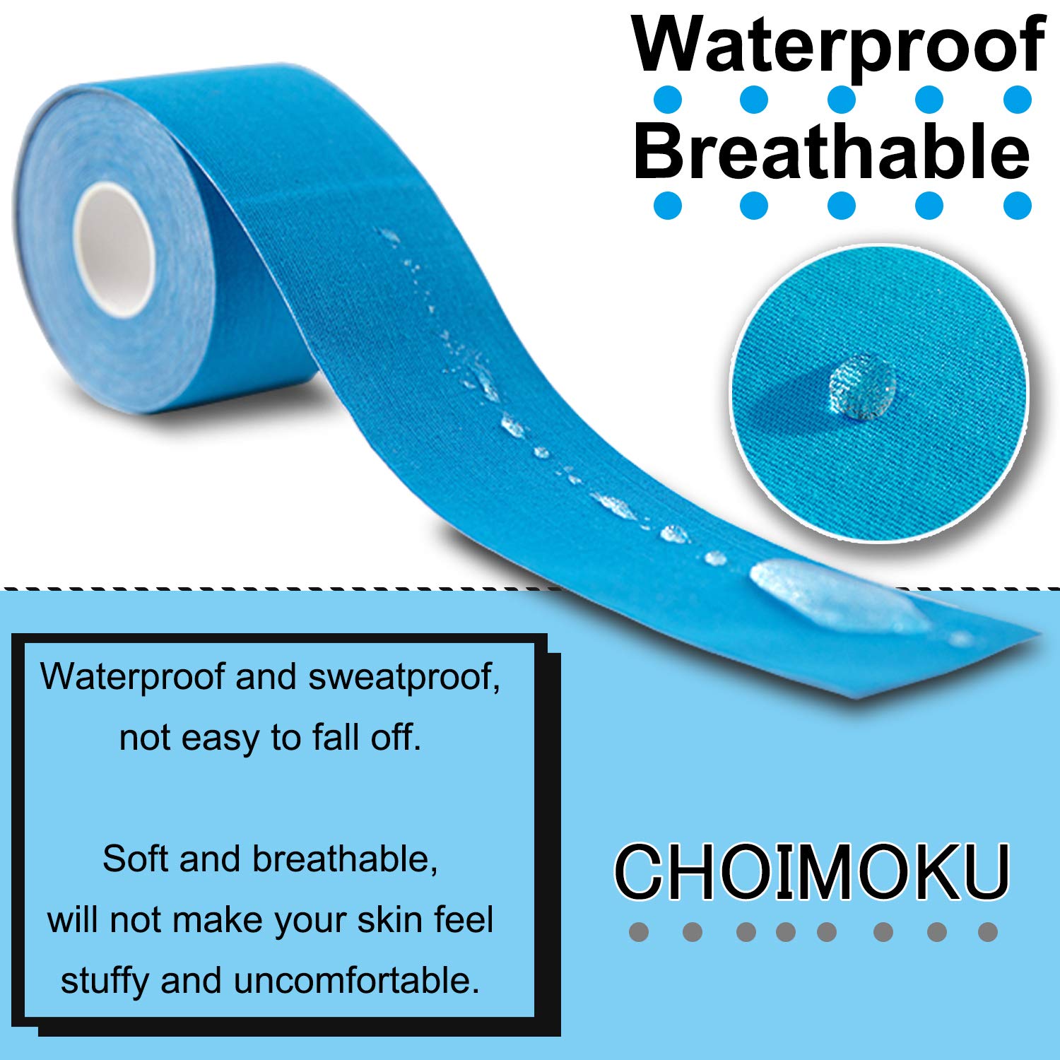 CHOIMOKU 12 Rolls Kinesiology Tape for Knees Muscle Tape for Shoulder Uncut 2" Waterproof 2Inch Sports Tape Athletic Plantar Fasciitis Tape for Pain Knee Support Therapy (4X Beige, 4X Black, 4X Blue)